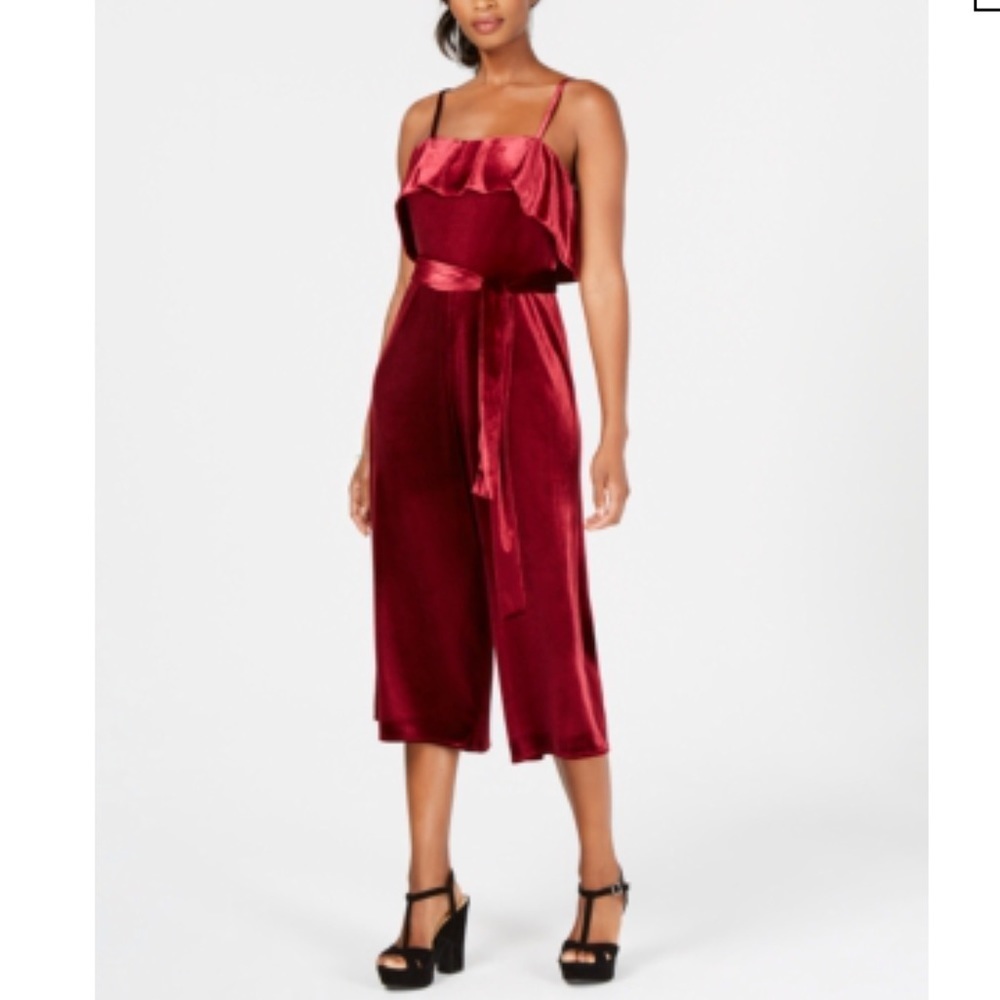 NWT Avec Les Filles Velvet Ruffled Jumpsuit in Wine Size 10